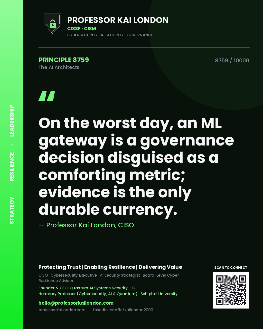 Quote card by Professor Kai London reading 'On the worst day, an ML gateway is a governance decision disguised as a comforting metric; evidence is the only durable currency.'. From the book The AI Architects.