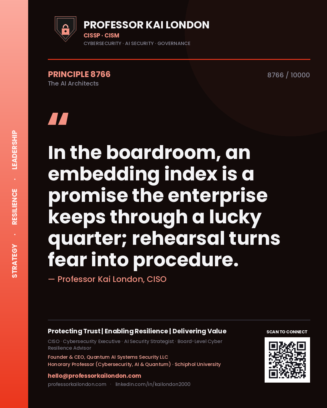 Quote card by Professor Kai London reading 'In the boardroom, an embedding index is a promise the enterprise keeps through a lucky quarter; rehearsal turns fear into procedure.'. From the book The AI Architects.