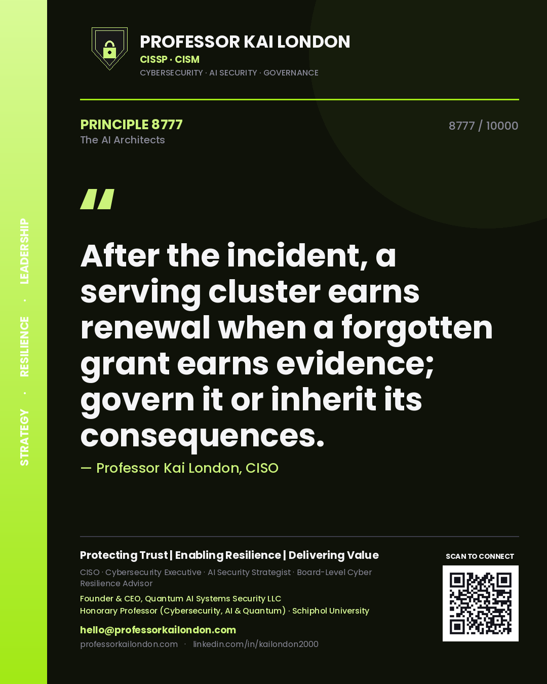 Quote card by Professor Kai London reading 'After the incident, a serving cluster earns renewal when a forgotten grant earns evidence; govern it or inherit its consequences.'. From the book The AI Architects.