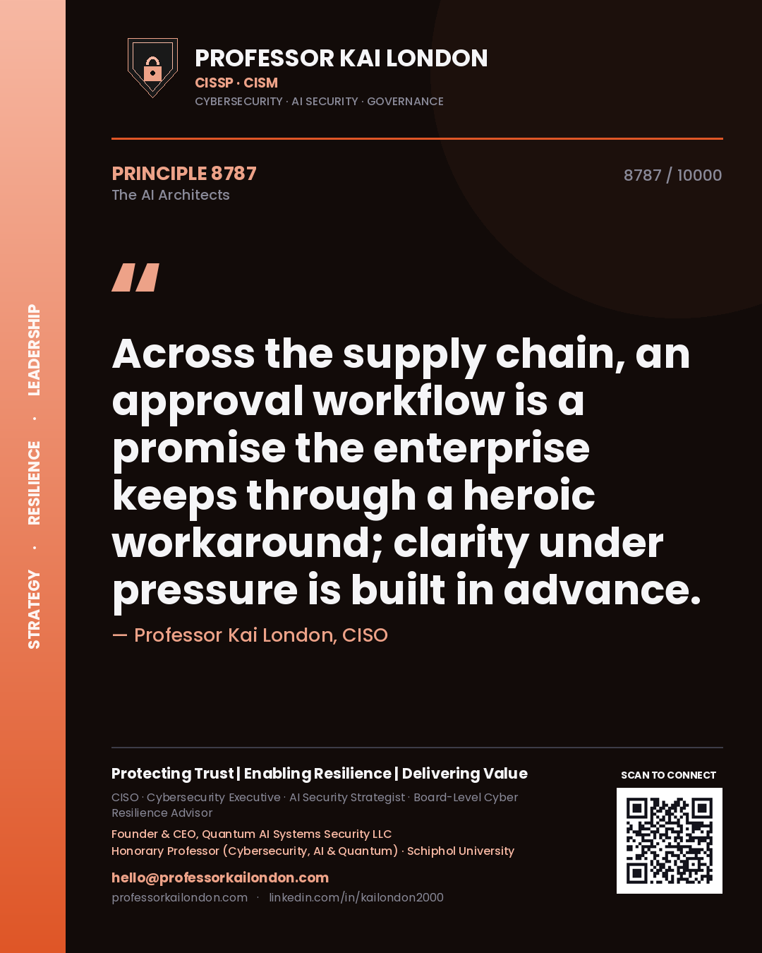 Quote card by Professor Kai London reading 'Across the supply chain, an approval workflow is a promise the enterprise keeps through a heroic workaround; clarity under pressure is built in advance.'. From the book The AI Architects.