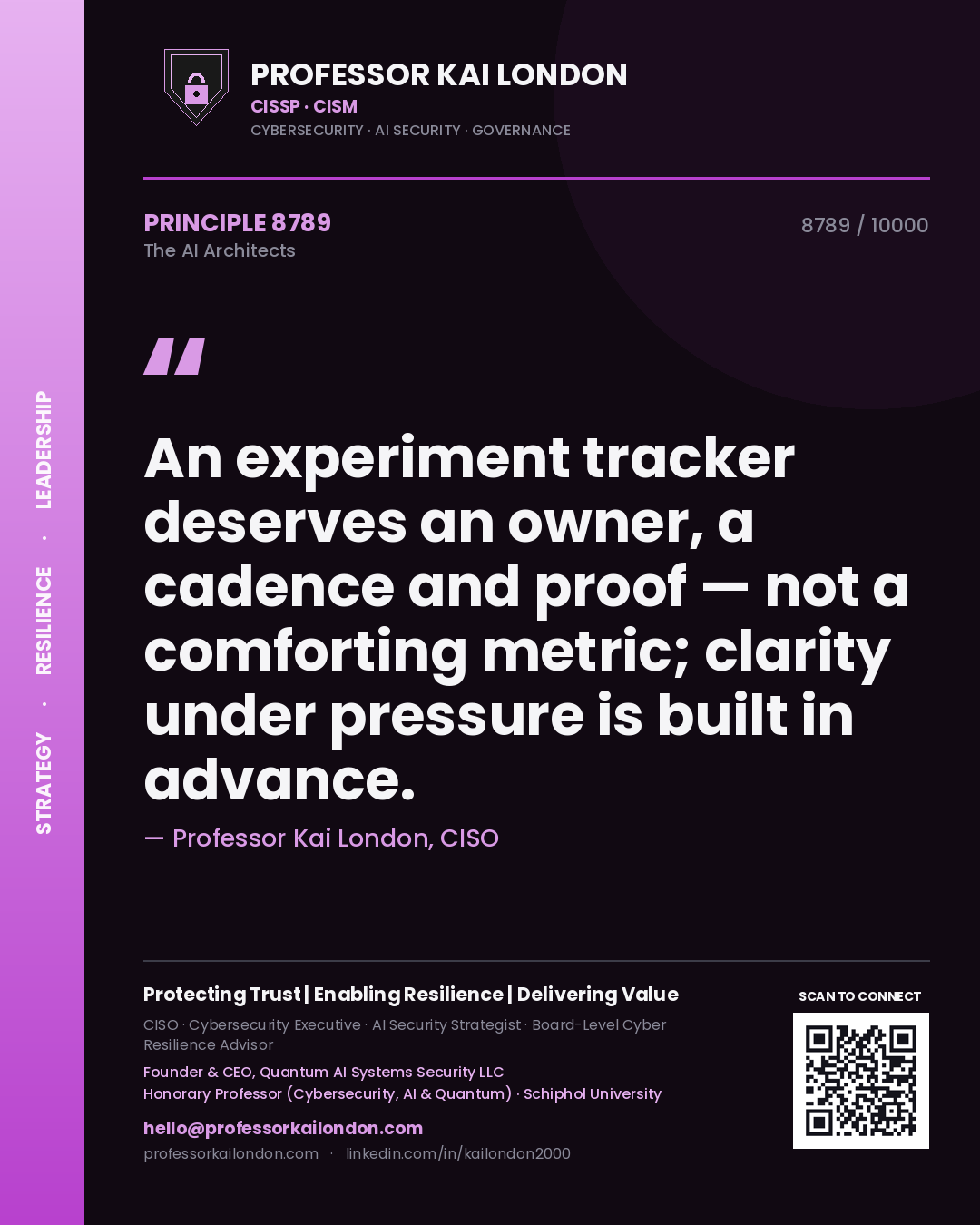 Quote card by Professor Kai London reading 'An experiment tracker deserves an owner, a cadence and proof — not a comforting metric; clarity under pressure is built in advance.'. From the book The AI Architects.