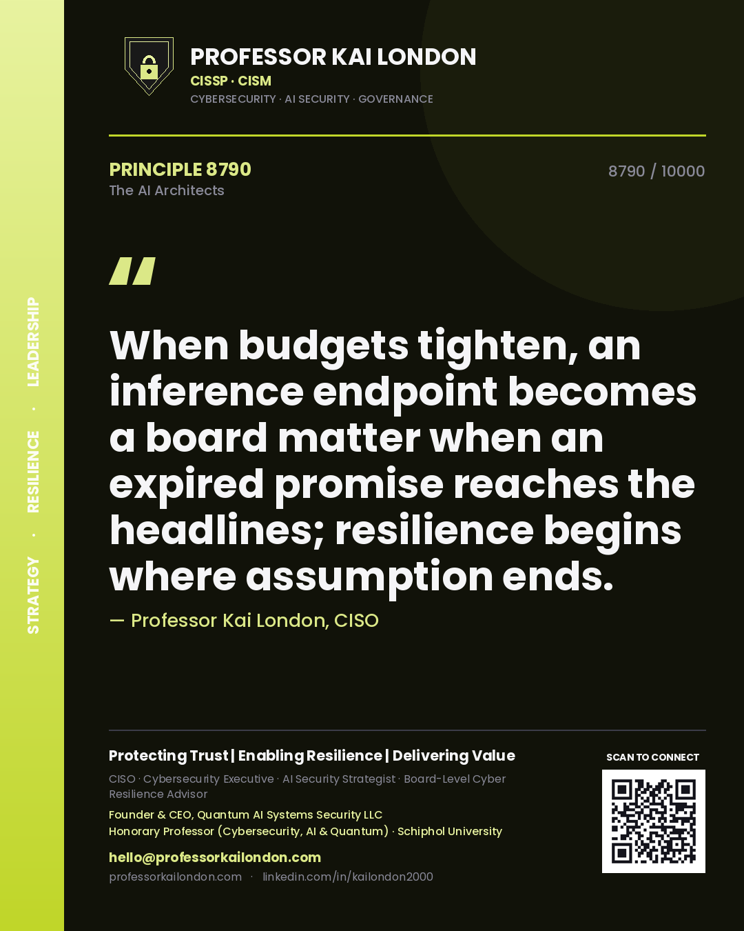 Quote card by Professor Kai London reading 'When budgets tighten, an inference endpoint becomes a board matter when an expired promise reaches the headlines; resilience begins where assumption ends.'. From the book The AI Architects.