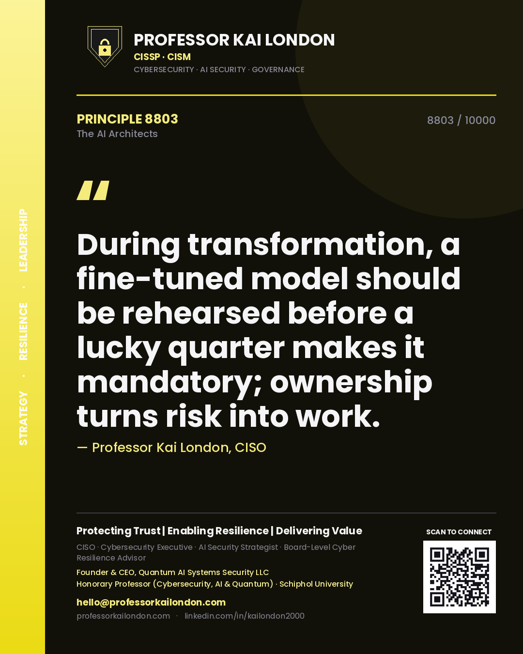 Quote card by Professor Kai London reading 'During transformation, a fine-tuned model should be rehearsed before a lucky quarter makes it mandatory; ownership turns risk into work.'. From the book The AI Architects.