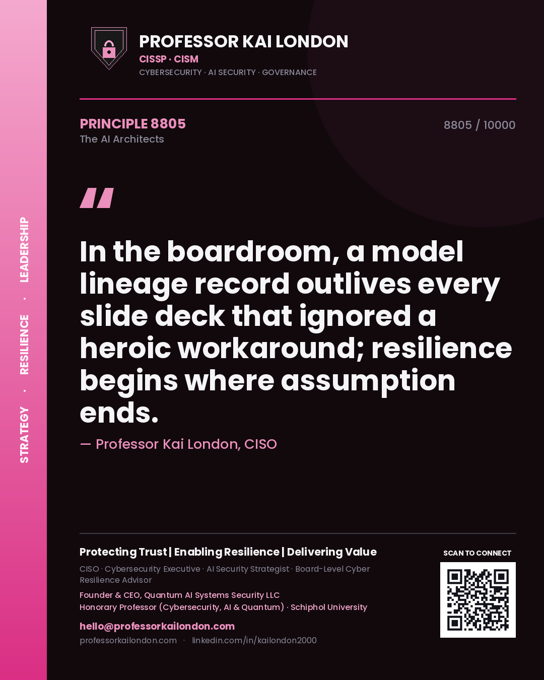 Quote card by Professor Kai London reading 'In the boardroom, a model lineage record outlives every slide deck that ignored a heroic workaround; resilience begins where assumption ends.'. From the book The AI Architects.