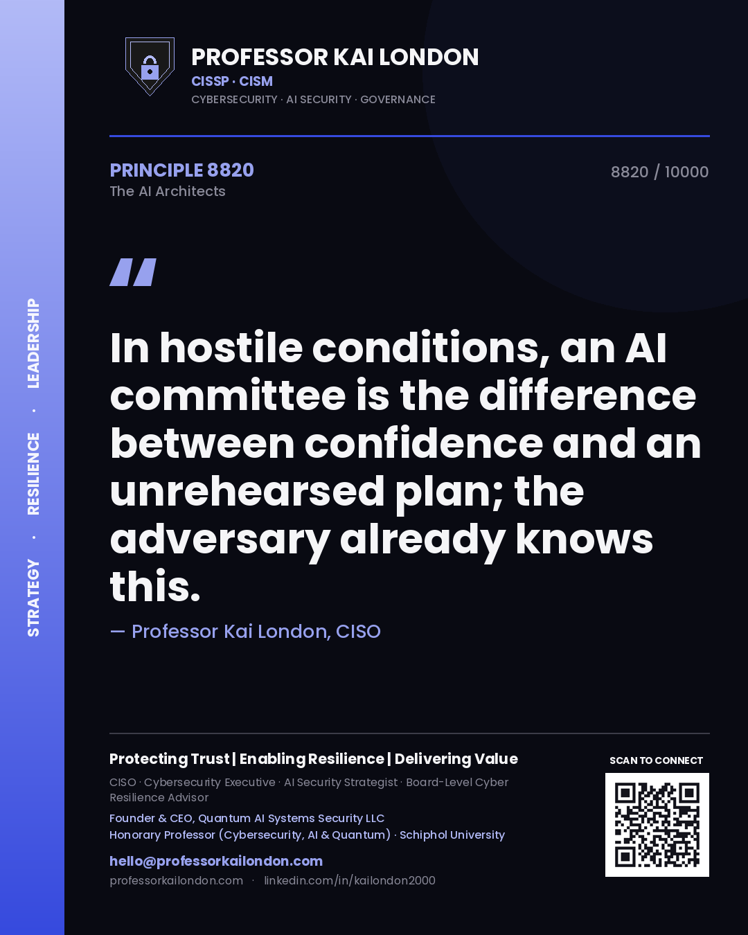 Quote card by Professor Kai London reading 'In hostile conditions, an AI committee is the difference between confidence and an unrehearsed plan; the adversary already knows this.'. From the book The AI Architects.