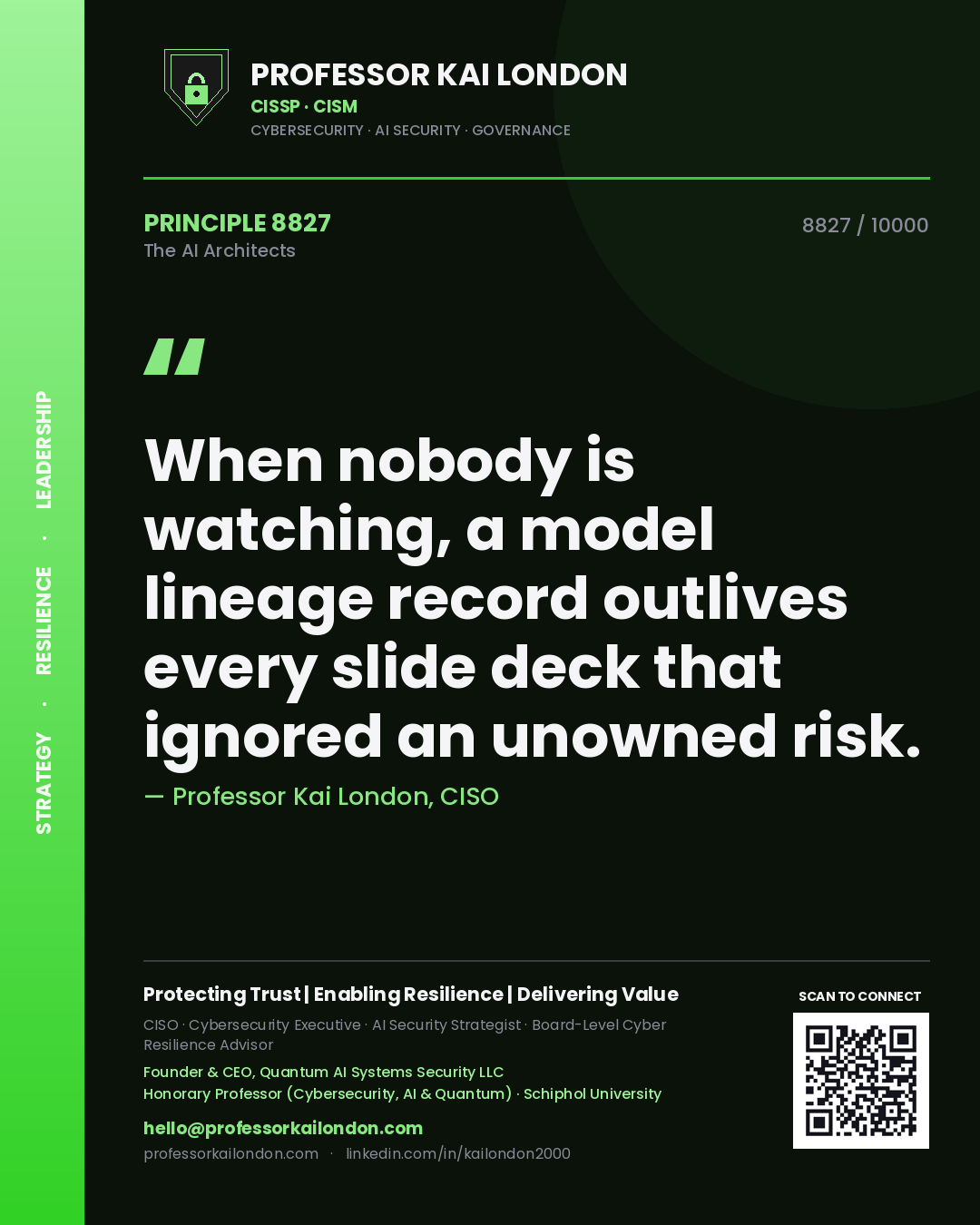 Quote card by Professor Kai London reading 'When nobody is watching, a model lineage record outlives every slide deck that ignored an unowned risk.'. From the book The AI Architects.