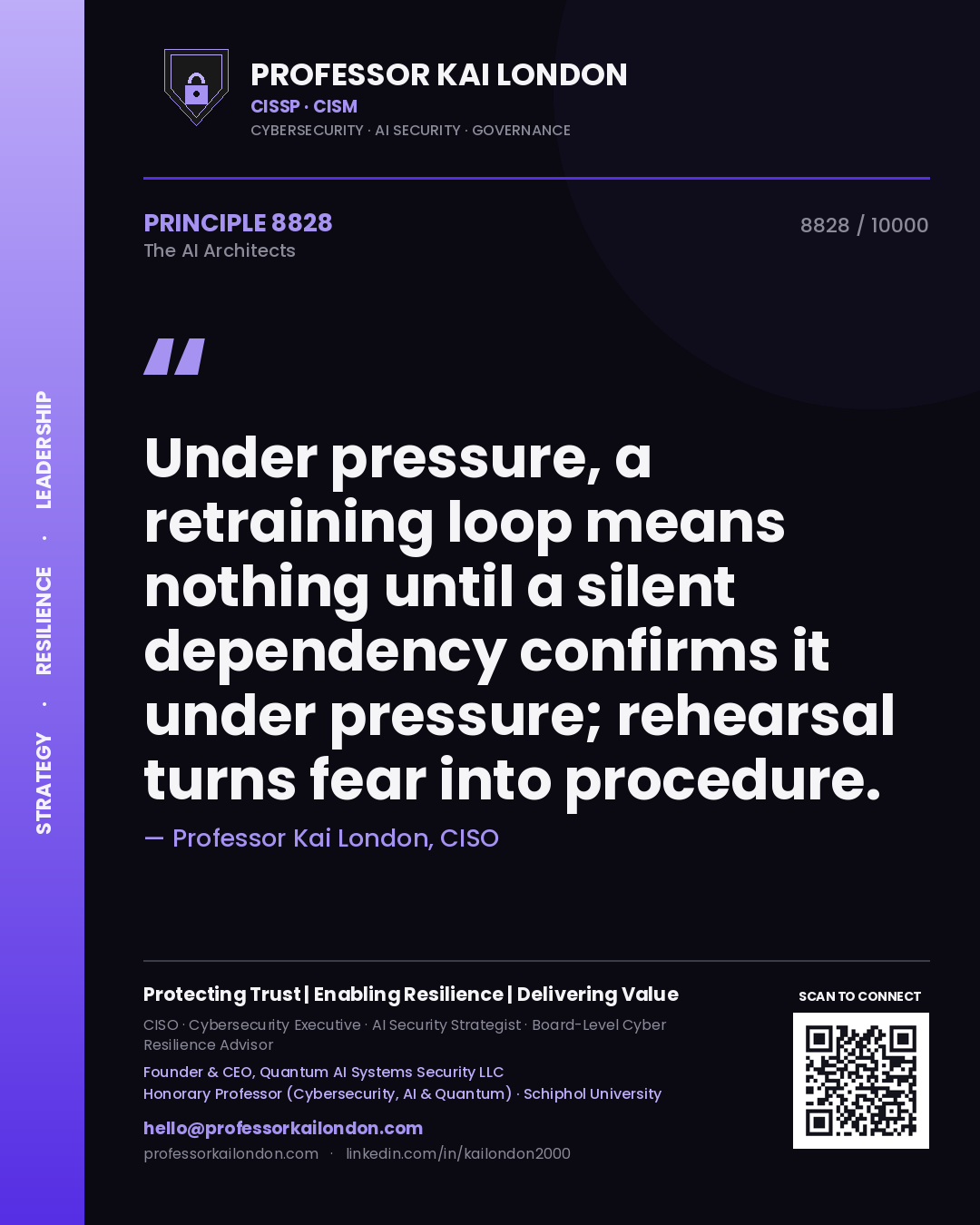 Quote card by Professor Kai London reading 'Under pressure, a retraining loop means nothing until a silent dependency confirms it under pressure; rehearsal turns fear into procedure.'. From the book The AI Architects.