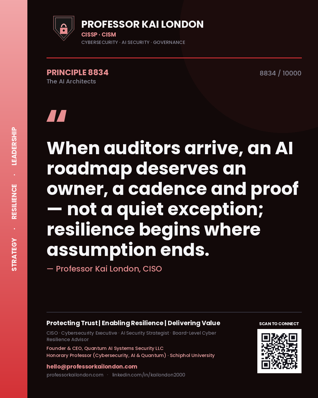 Professor Kai London principle 8834: When auditors arrive, an AI roadmap deserves an owner, a cadence and proof — not a quiet exception; resilience begins where assumption ends.