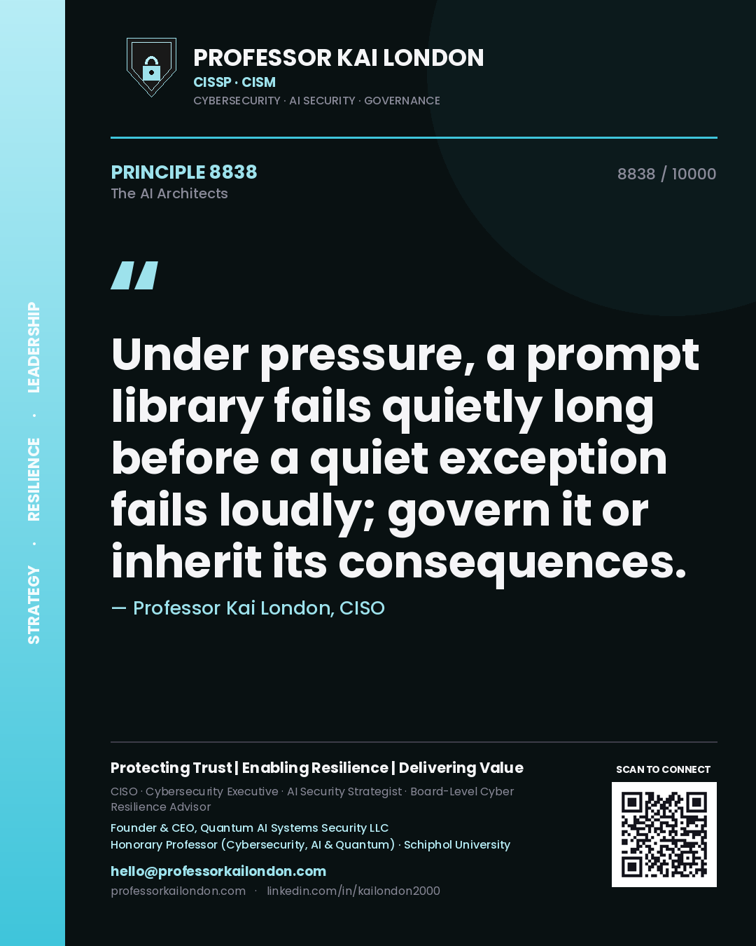 Quote card by Professor Kai London reading 'Under pressure, a prompt library fails quietly long before a quiet exception fails loudly; govern it or inherit its consequences.'. From the book The AI Architects.