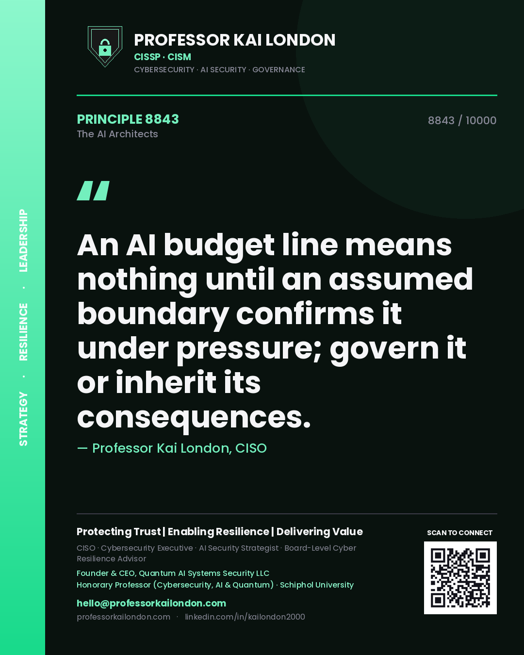 Quote card by Professor Kai London reading 'An AI budget line means nothing until an assumed boundary confirms it under pressure; govern it or inherit its consequences.'. From the book The AI Architects.