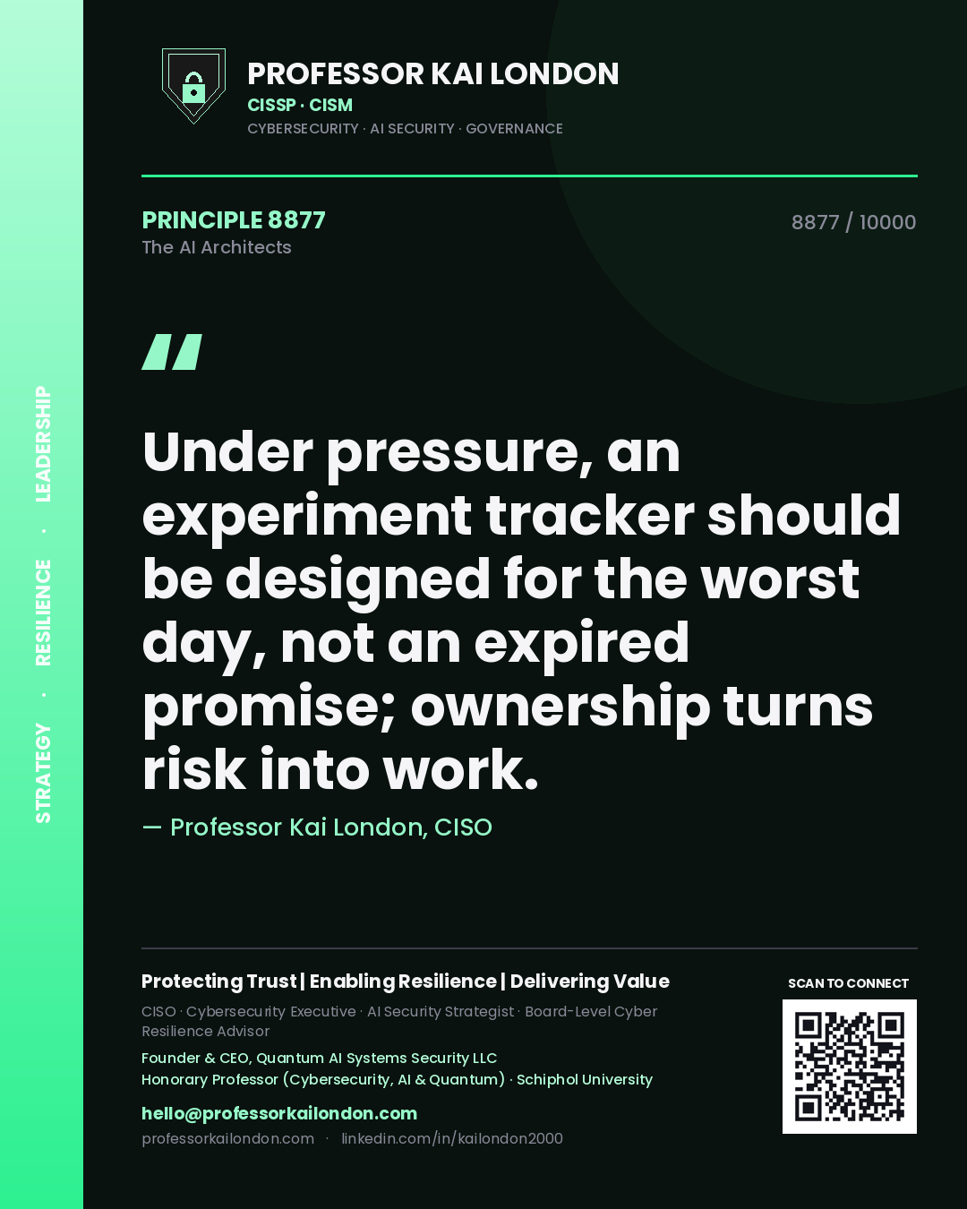 Quote card by Professor Kai London reading 'Under pressure, an experiment tracker should be designed for the worst day, not an expired promise; ownership turns risk into work.'. From the book The AI Architects.