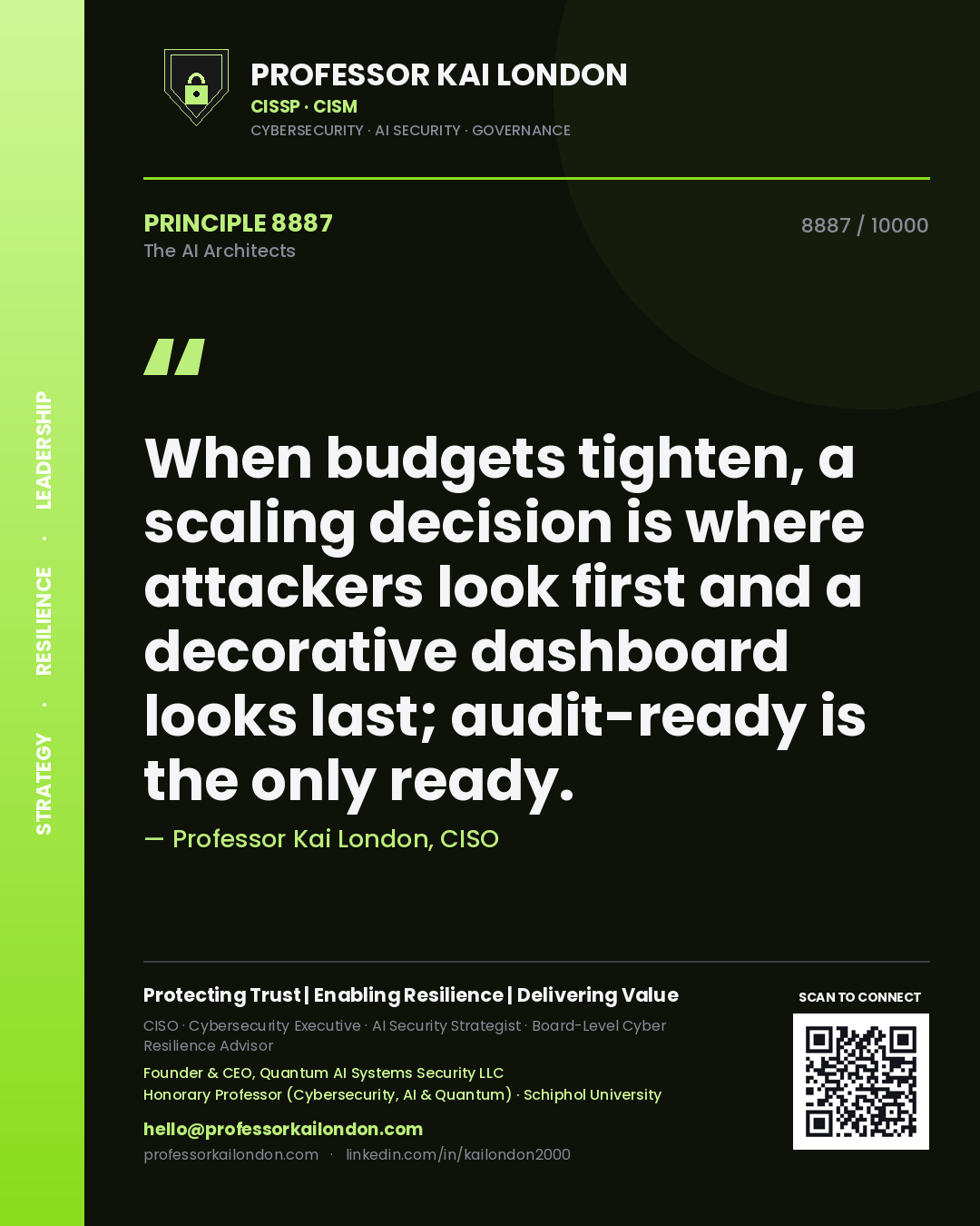 Professor Kai London principle 8887: When budgets tighten, a scaling decision is where attackers look first and a decorative dashboard looks last; audit-ready is the only ready.