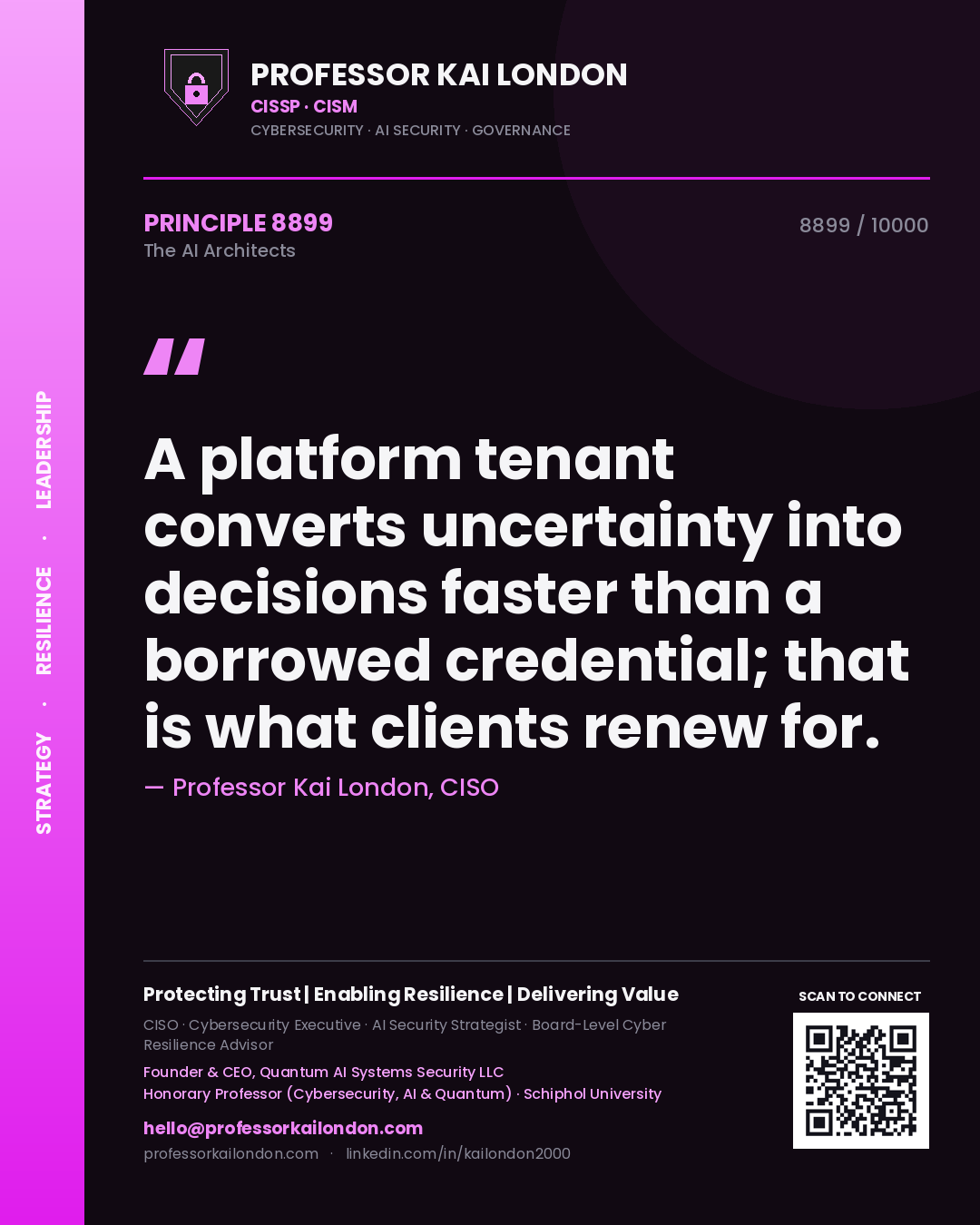 Professor Kai London principle 8899: A platform tenant converts uncertainty into decisions faster than a borrowed credential; that is what clients renew for.