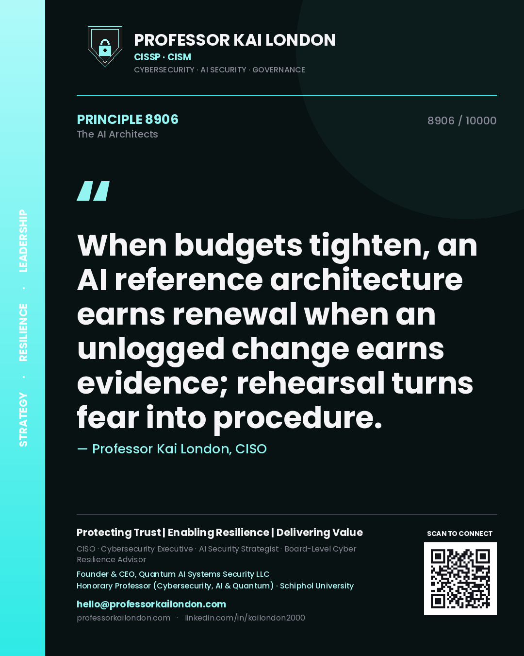 Professor Kai London principle 8906: When budgets tighten, an AI reference architecture earns renewal when an unlogged change earns evidence; rehearsal turns fear into procedure.