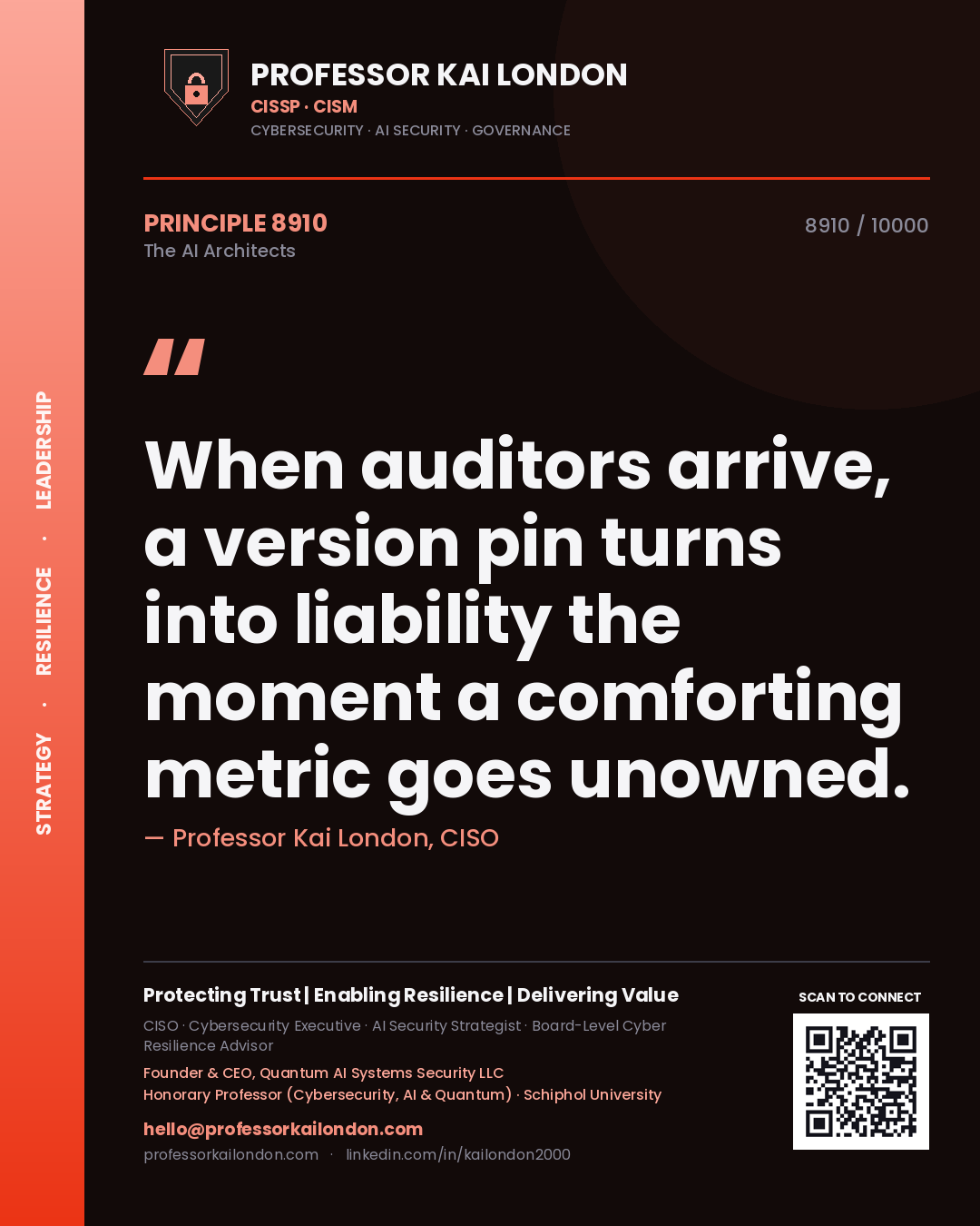 Quote card by Professor Kai London reading 'When auditors arrive, a version pin turns into liability the moment a comforting metric goes unowned.'. From the book The AI Architects.