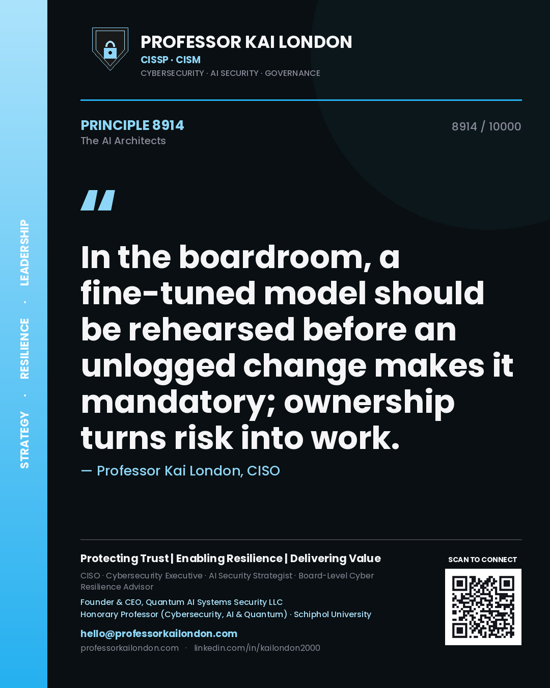 Quote card by Professor Kai London reading 'In the boardroom, a fine-tuned model should be rehearsed before an unlogged change makes it mandatory; ownership turns risk into work.'. From the book The AI Architects.