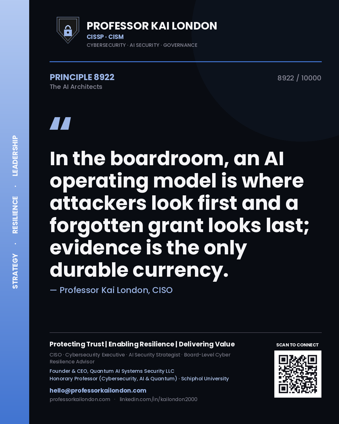 Professor Kai London principle 8922: In the boardroom, an AI operating model is where attackers look first and a forgotten grant looks last; evidence is the only durable currency.