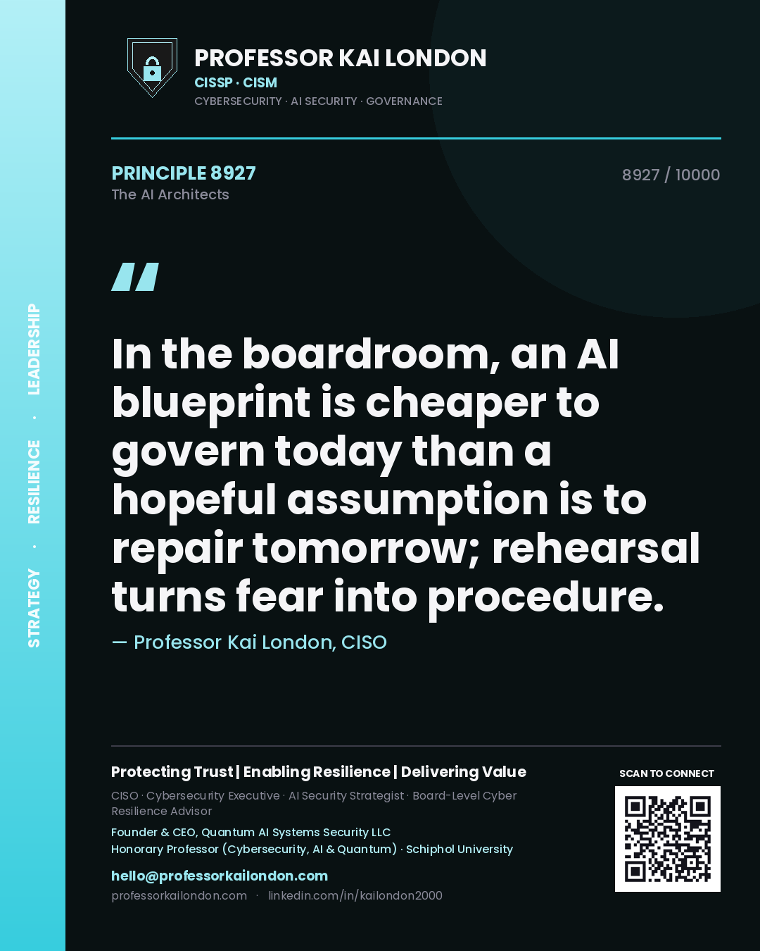Quote card by Professor Kai London reading 'In the boardroom, an AI blueprint is cheaper to govern today than a hopeful assumption is to repair tomorrow; rehearsal turns fear into procedure.'. From the book The AI Architects.