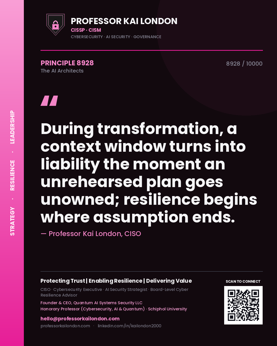 Professor Kai London principle 8928: During transformation, a context window turns into liability the moment an unrehearsed plan goes unowned; resilience begins where assumption ends.