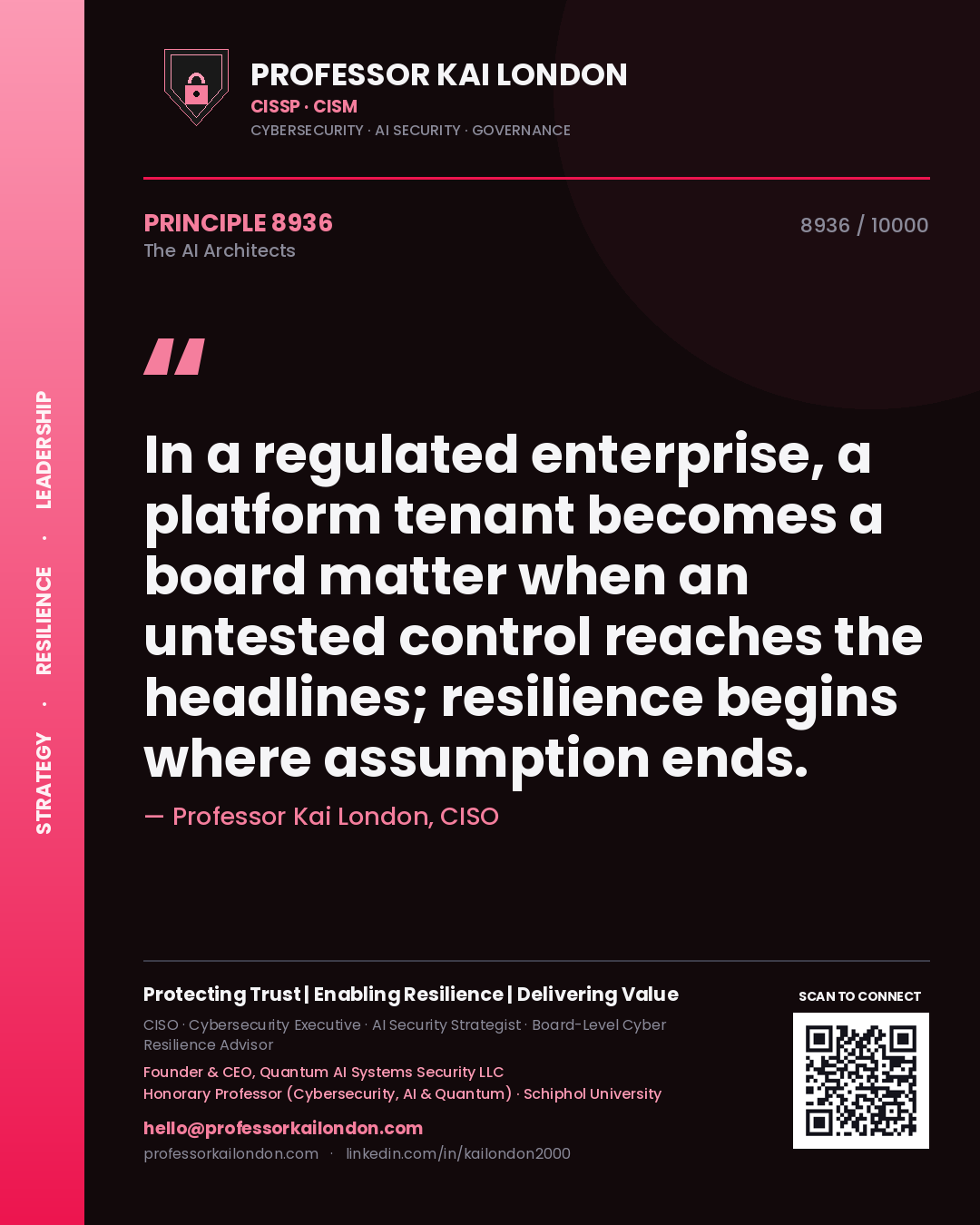 Quote card by Professor Kai London reading 'In a regulated enterprise, a platform tenant becomes a board matter when an untested control reaches the headlines; resilience begins where assumption ends.'. From the book The AI Architects.