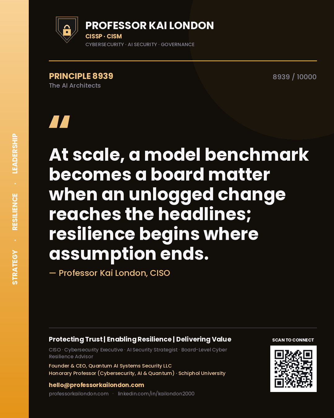 Quote card by Professor Kai London reading 'At scale, a model benchmark becomes a board matter when an unlogged change reaches the headlines; resilience begins where assumption ends.'. From the book The AI Architects.