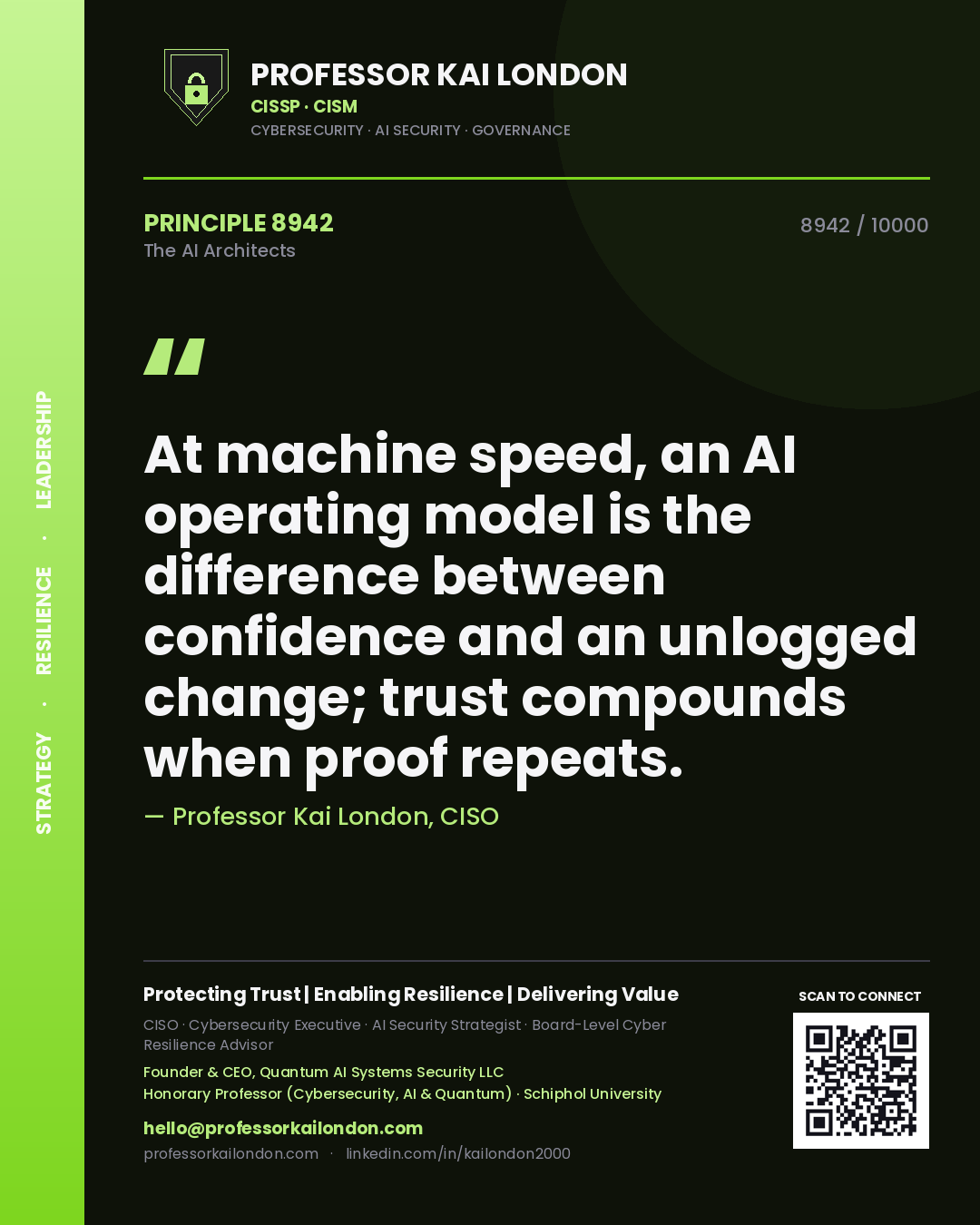 Professor Kai London principle 8942: At machine speed, an AI operating model is the difference between confidence and an unlogged change; trust compounds when proof repeats.