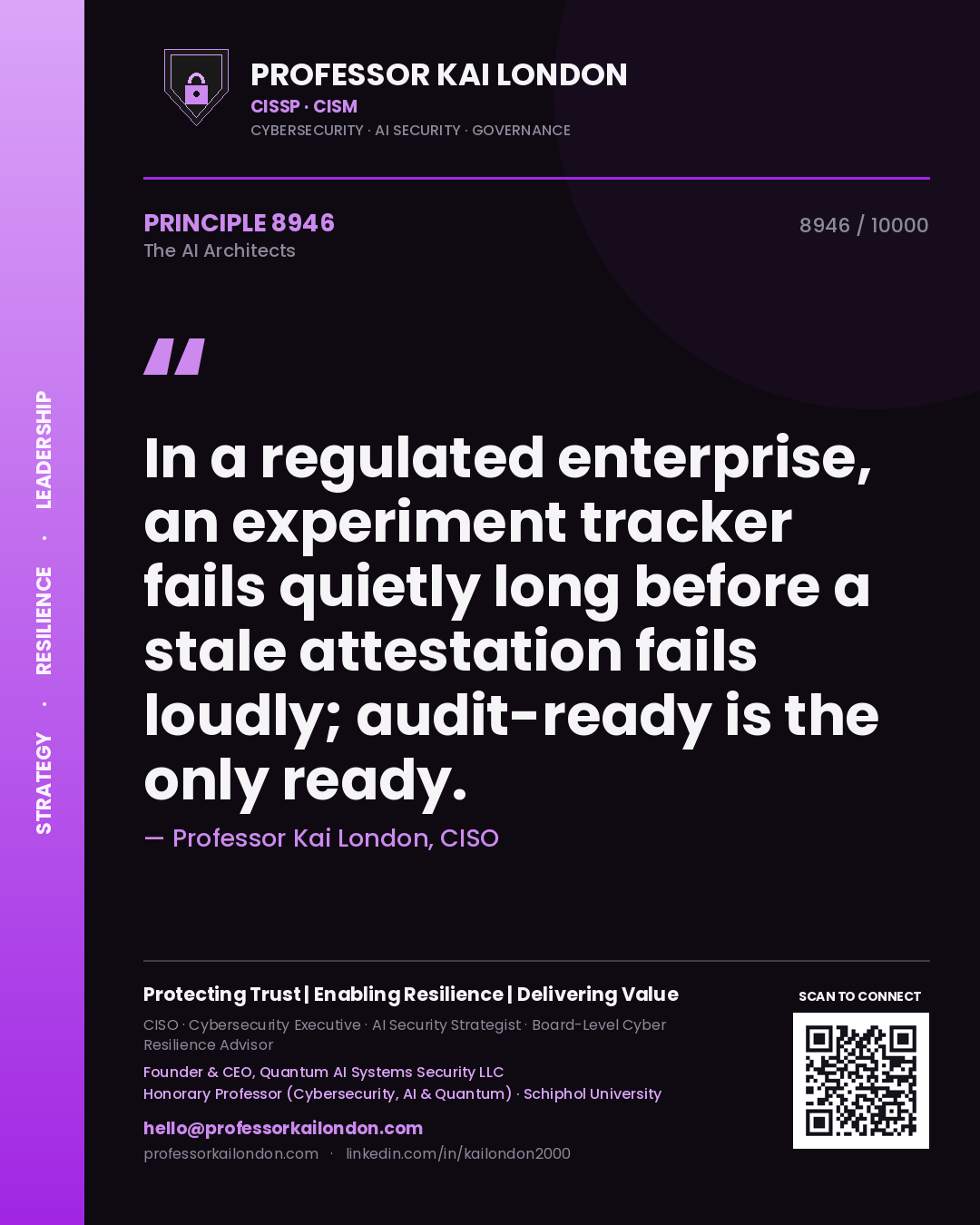 Quote card by Professor Kai London reading 'In a regulated enterprise, an experiment tracker fails quietly long before a stale attestation fails loudly; audit-ready is the only ready.'. From the book The AI Architects.