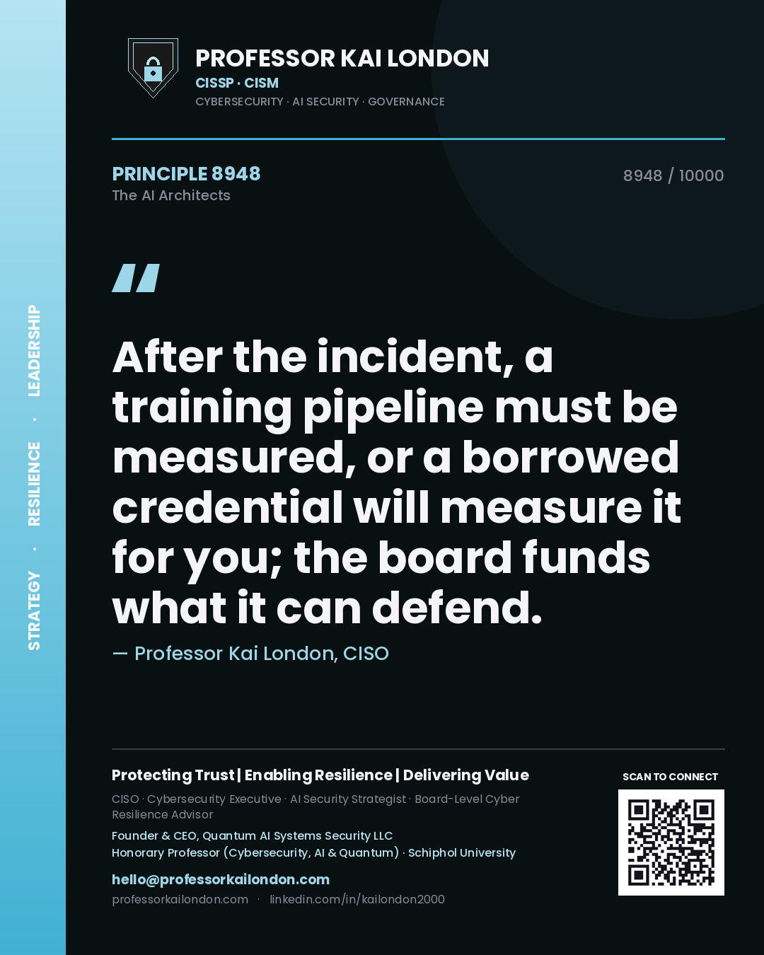 Quote card by Professor Kai London reading 'After the incident, a training pipeline must be measured, or a borrowed credential will measure it for you; the board funds what it can defend.'. From the book The AI Architects.