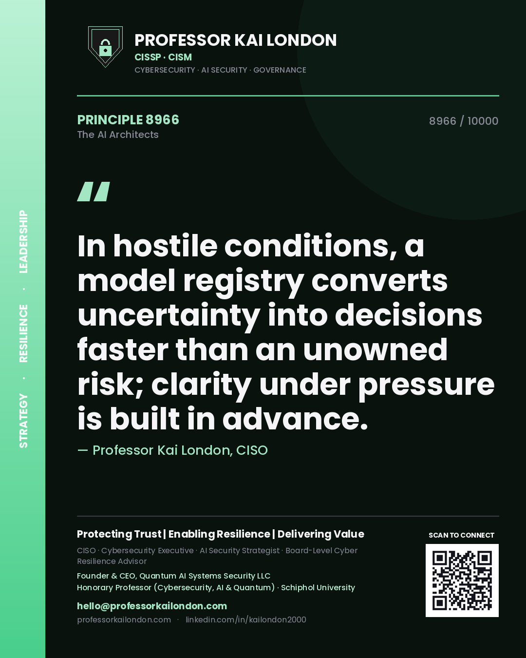 Professor Kai London principle 8966: In hostile conditions, a model registry converts uncertainty into decisions faster than an unowned risk; clarity under pressure is built in advance.