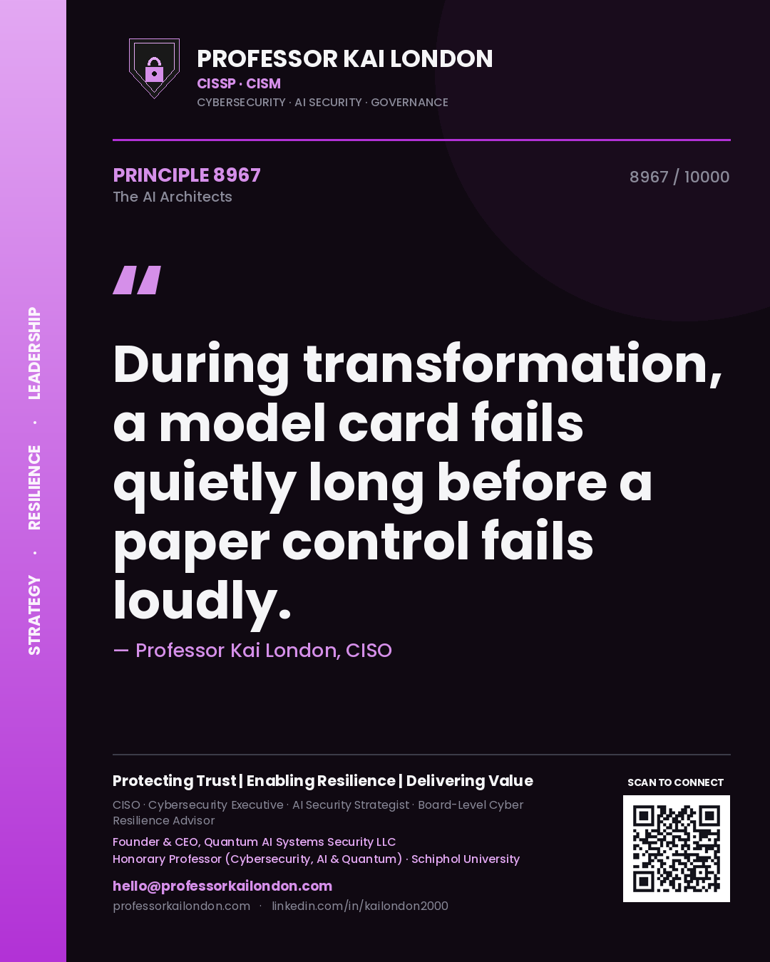 Quote card by Professor Kai London reading 'During transformation, a model card fails quietly long before a paper control fails loudly.'. From the book The AI Architects.