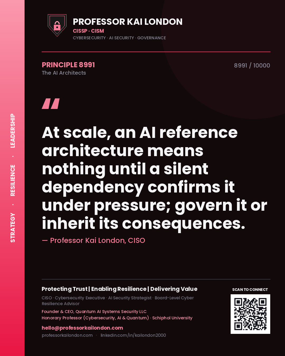 Professor Kai London principle 8991: At scale, an AI reference architecture means nothing until a silent dependency confirms it under pressure; govern it or inherit its consequences.