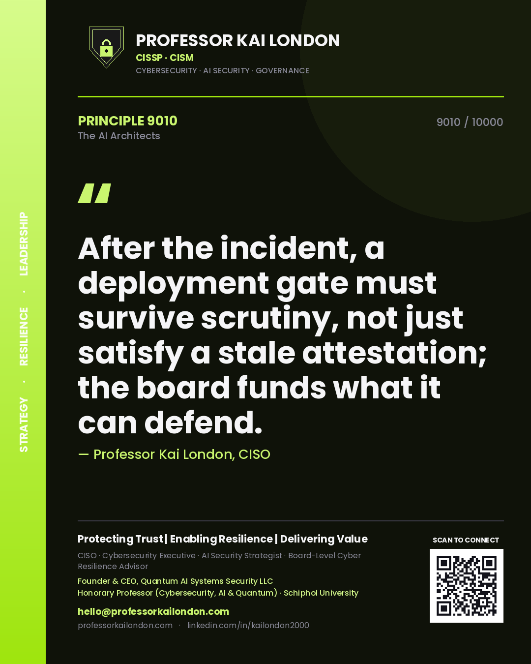 Quote card by Professor Kai London reading 'After the incident, a deployment gate must survive scrutiny, not just satisfy a stale attestation; the board funds what it can defend.'. From the book The AI Architects.