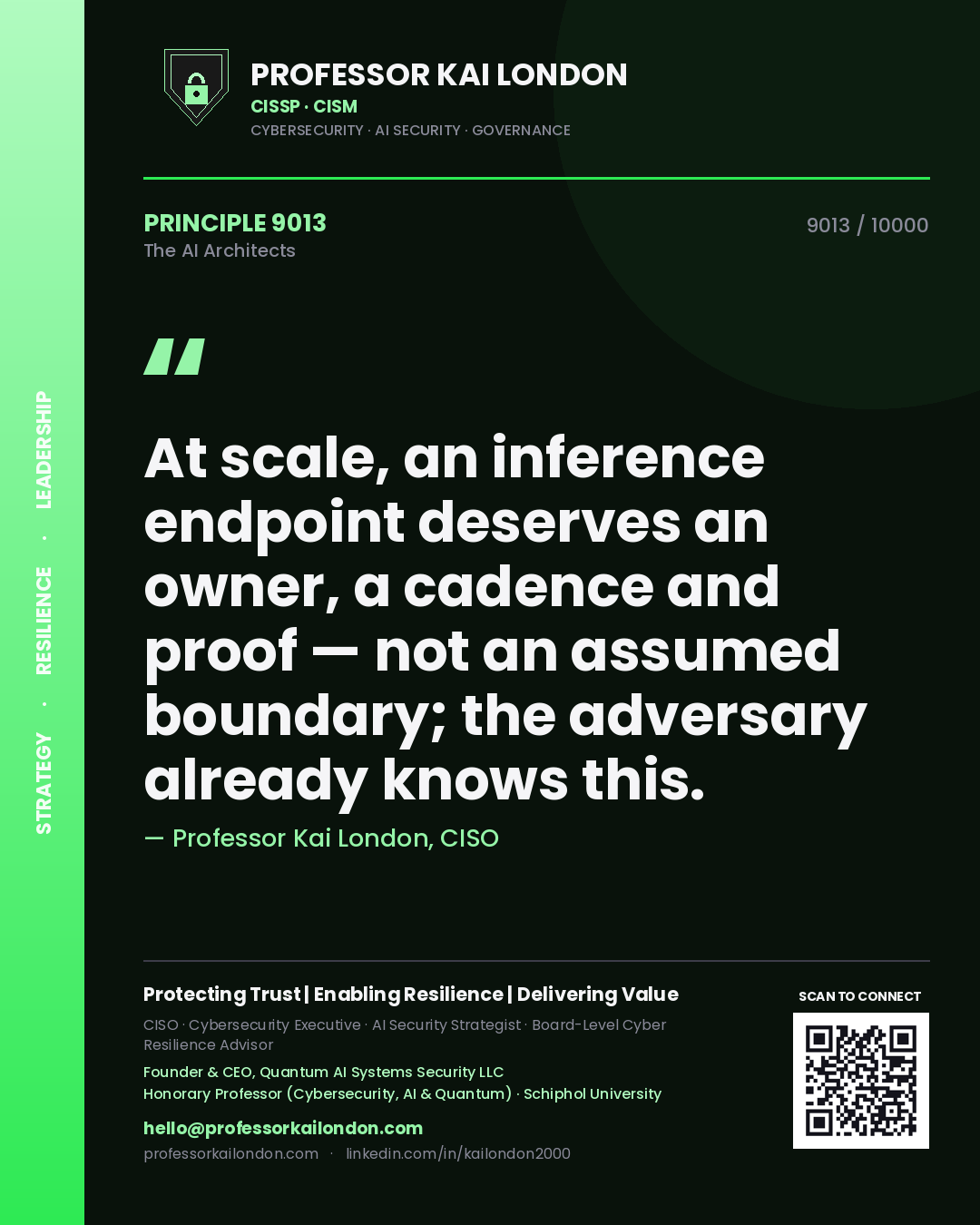 Quote card by Professor Kai London reading 'At scale, an inference endpoint deserves an owner, a cadence and proof — not an assumed boundary; the adversary already knows this.'. From the book The AI Architects.