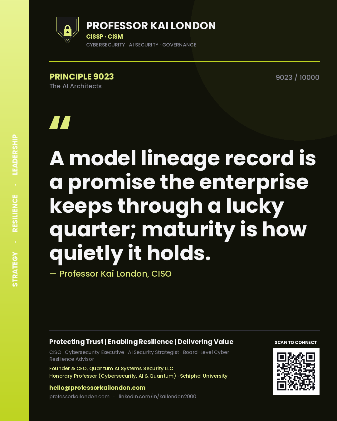 Quote card by Professor Kai London reading 'A model lineage record is a promise the enterprise keeps through a lucky quarter; maturity is how quietly it holds.'. From the book The AI Architects.