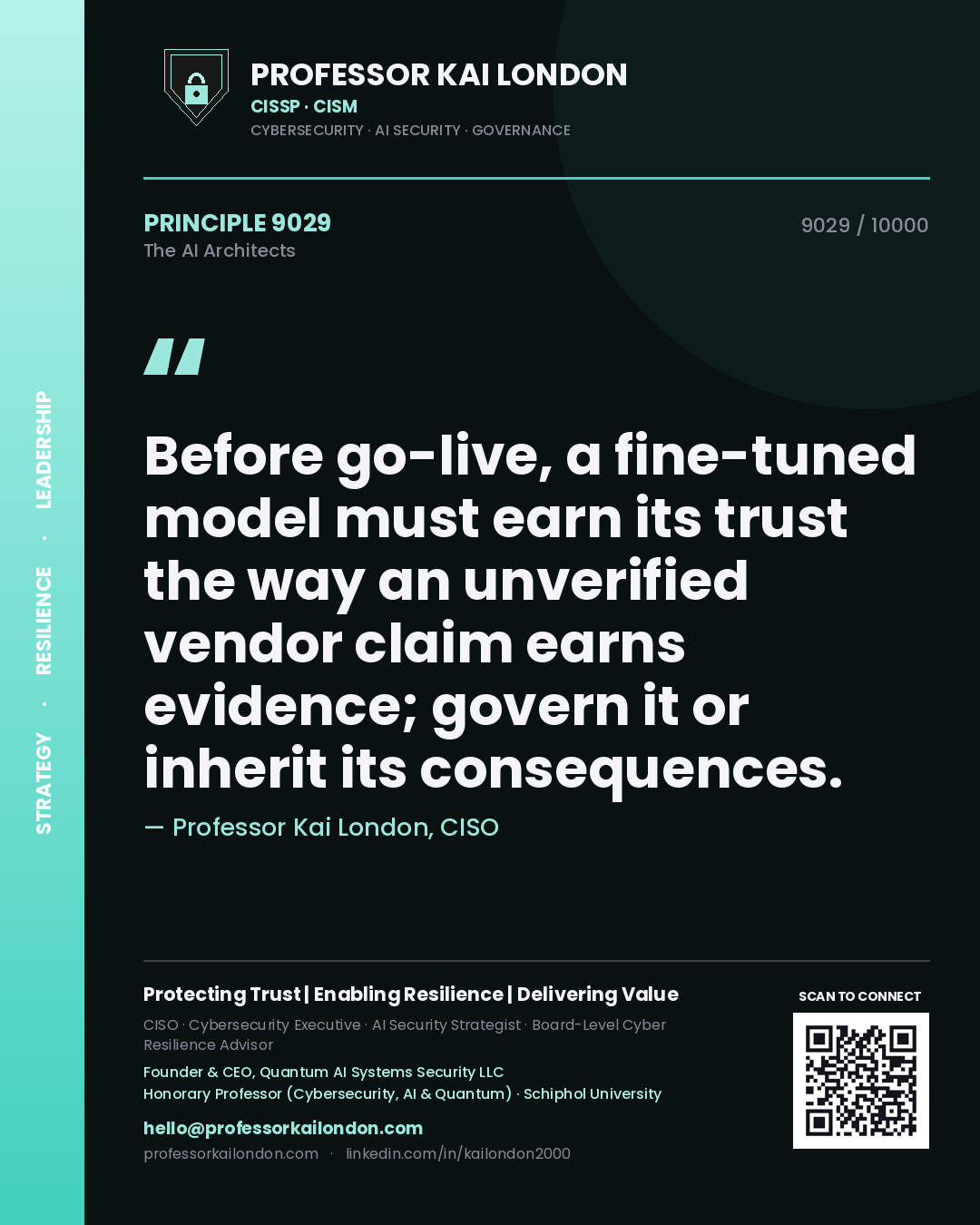 Quote card by Professor Kai London reading 'Before go-live, a fine-tuned model must earn its trust the way an unverified vendor claim earns evidence; govern it or inherit its consequences.'. From the book The AI Architects.