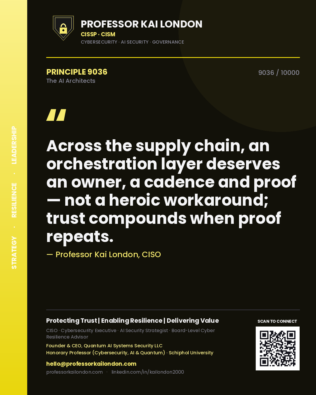 Quote card by Professor Kai London reading 'Across the supply chain, an orchestration layer deserves an owner, a cadence and proof — not a heroic workaround; trust compounds when proof repeats.'. From the book The AI Architects.