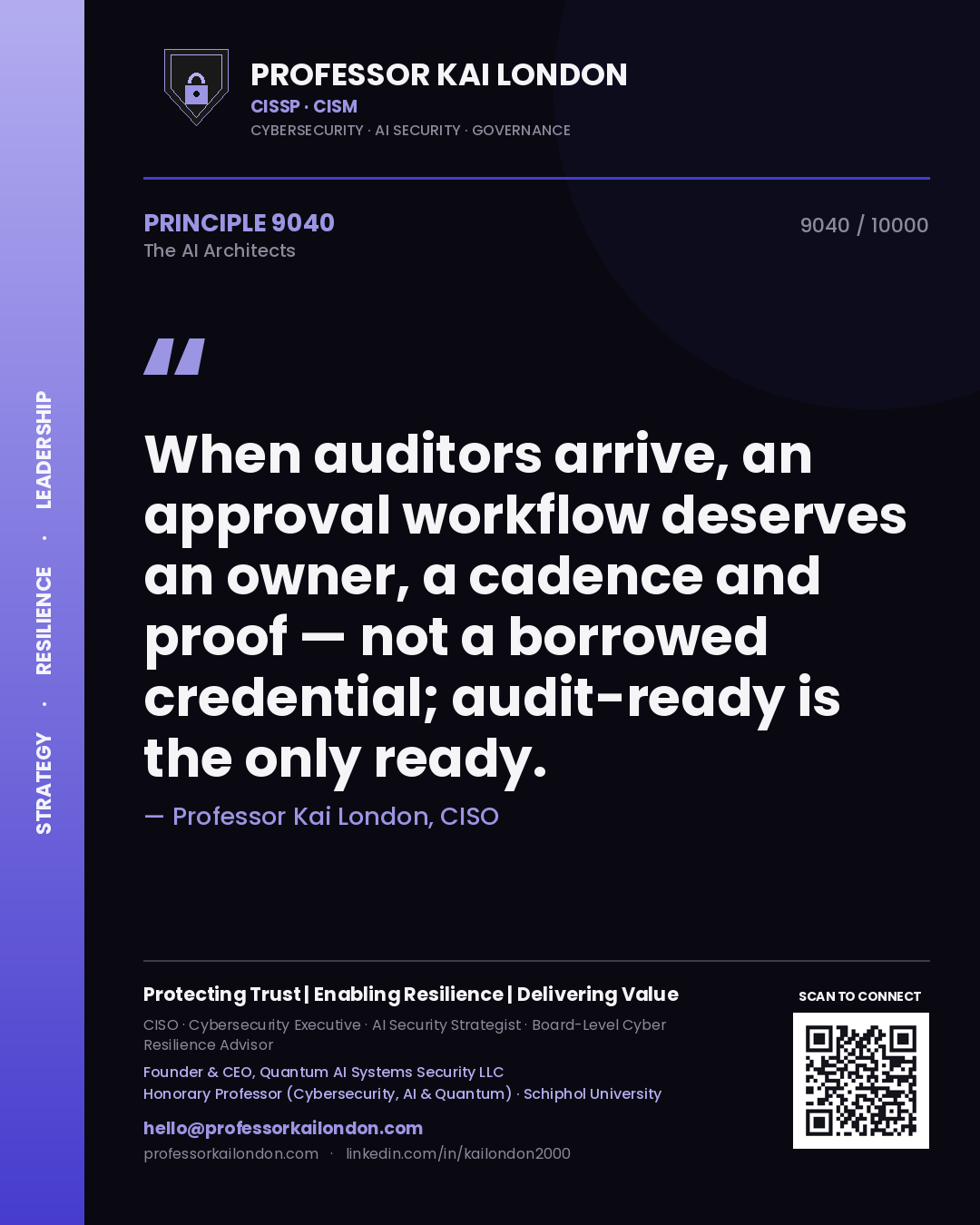 Quote card by Professor Kai London reading 'When auditors arrive, an approval workflow deserves an owner, a cadence and proof — not a borrowed credential; audit-ready is the only ready.'. From the book The AI Architects.