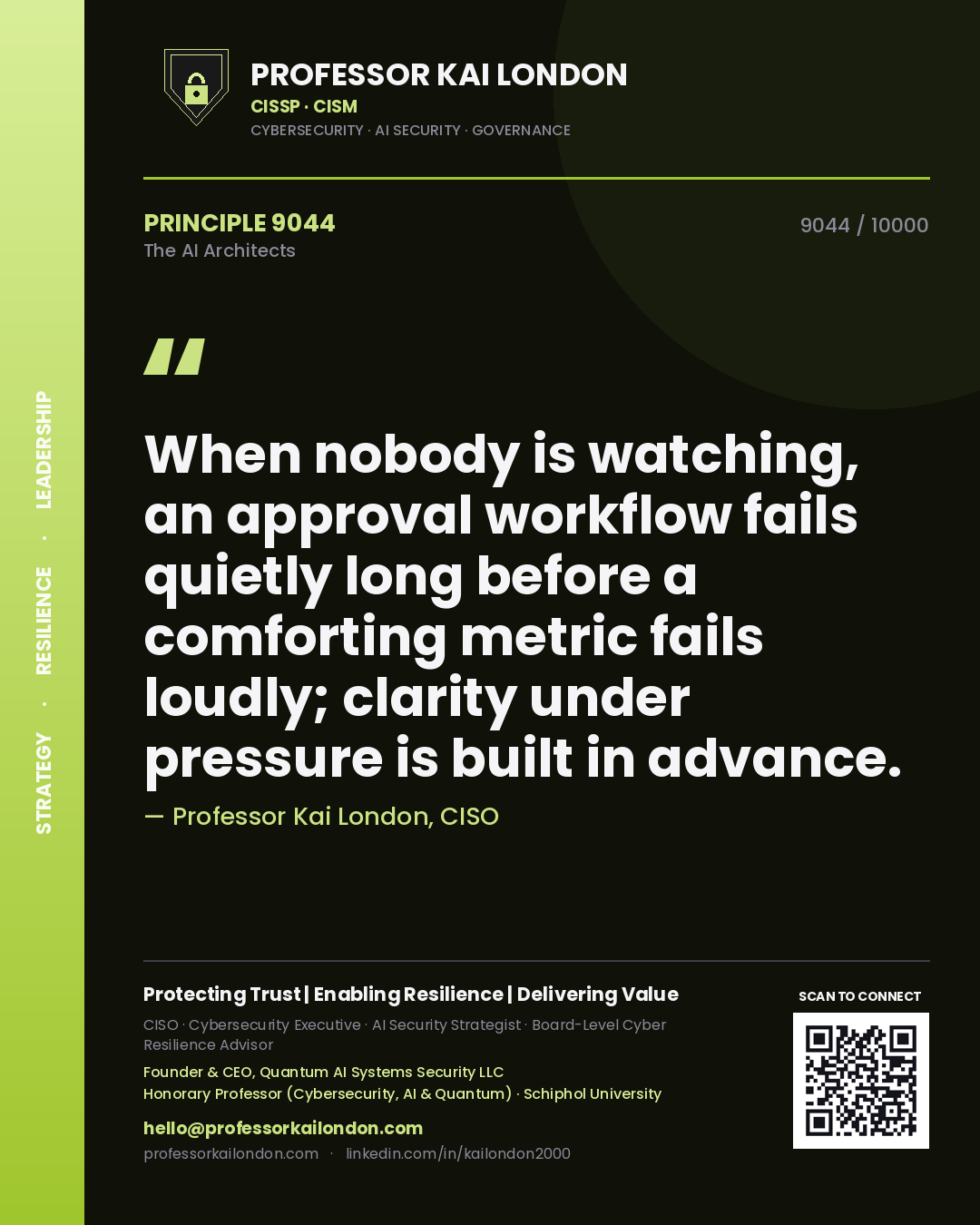 Quote card by Professor Kai London reading 'When nobody is watching, an approval workflow fails quietly long before a comforting metric fails loudly; clarity under pressure is built in advance.'. From the book The AI Architects.