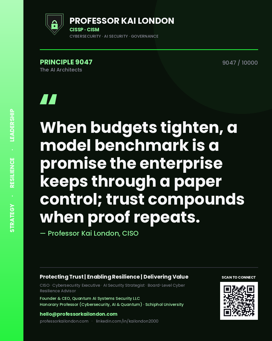 Quote card by Professor Kai London reading 'When budgets tighten, a model benchmark is a promise the enterprise keeps through a paper control; trust compounds when proof repeats.'. From the book The AI Architects.