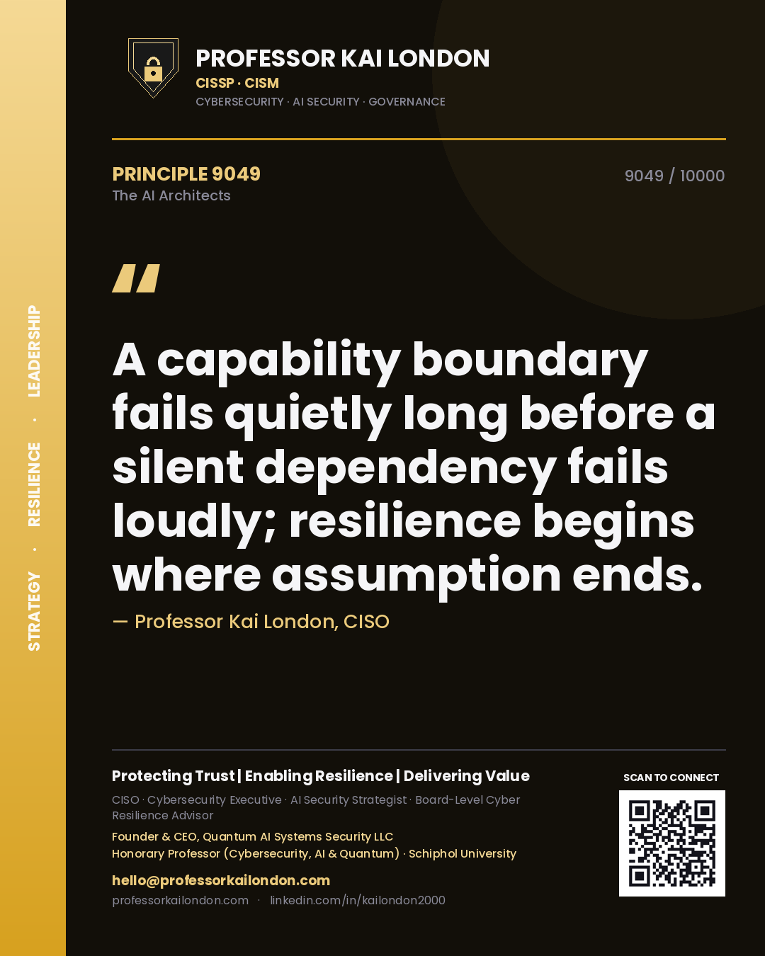 Quote card by Professor Kai London reading 'A capability boundary fails quietly long before a silent dependency fails loudly; resilience begins where assumption ends.'. From the book The AI Architects.