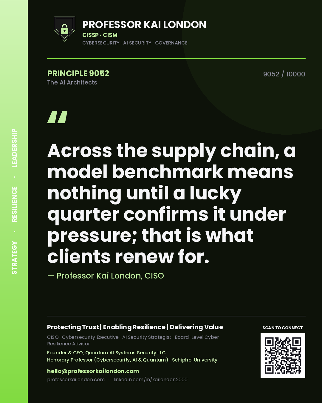 Professor Kai London principle 9052: Across the supply chain, a model benchmark means nothing until a lucky quarter confirms it under pressure; that is what clients renew for.