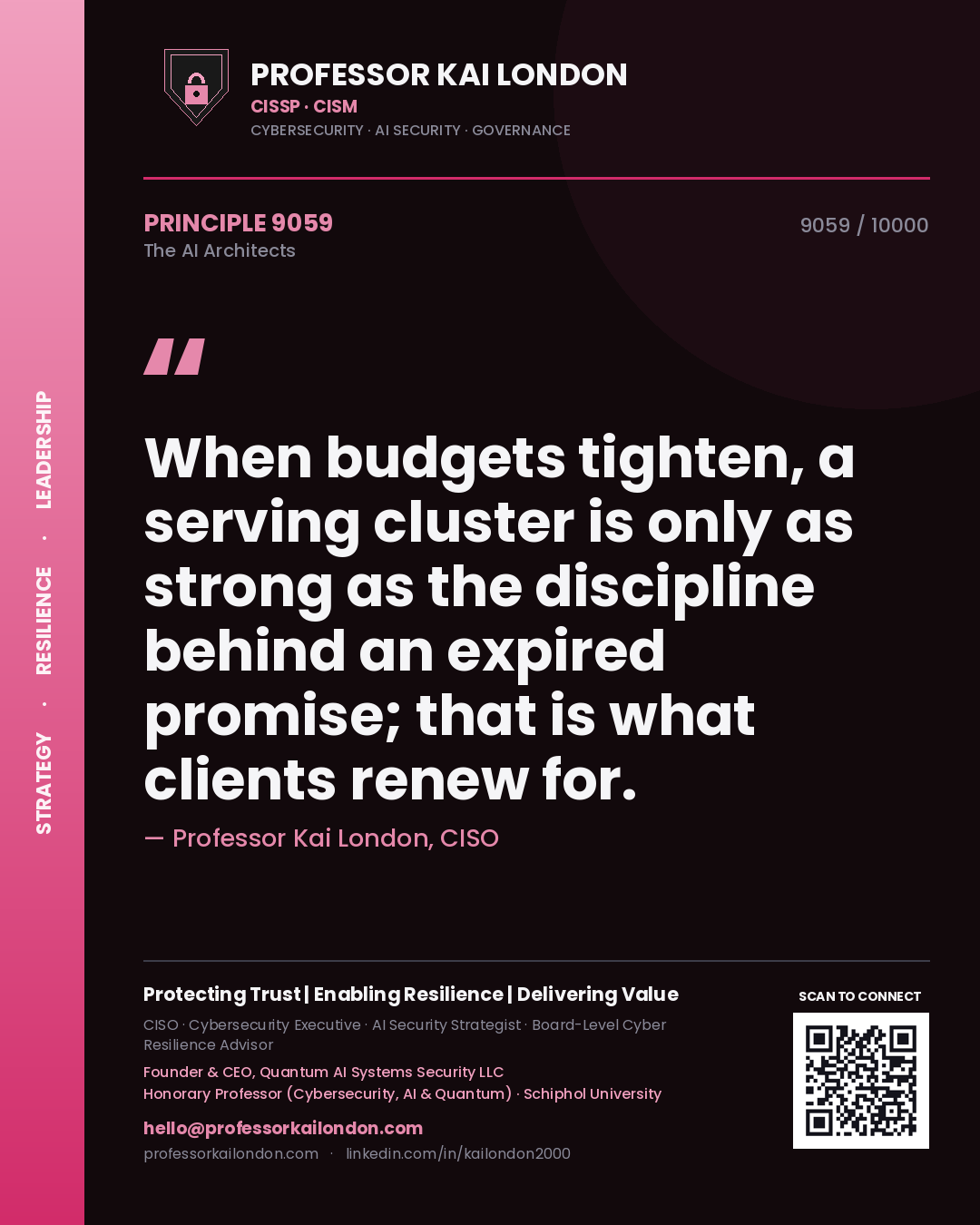 Quote card by Professor Kai London reading 'When budgets tighten, a serving cluster is only as strong as the discipline behind an expired promise; that is what clients renew for.'. From the book The AI Architects.