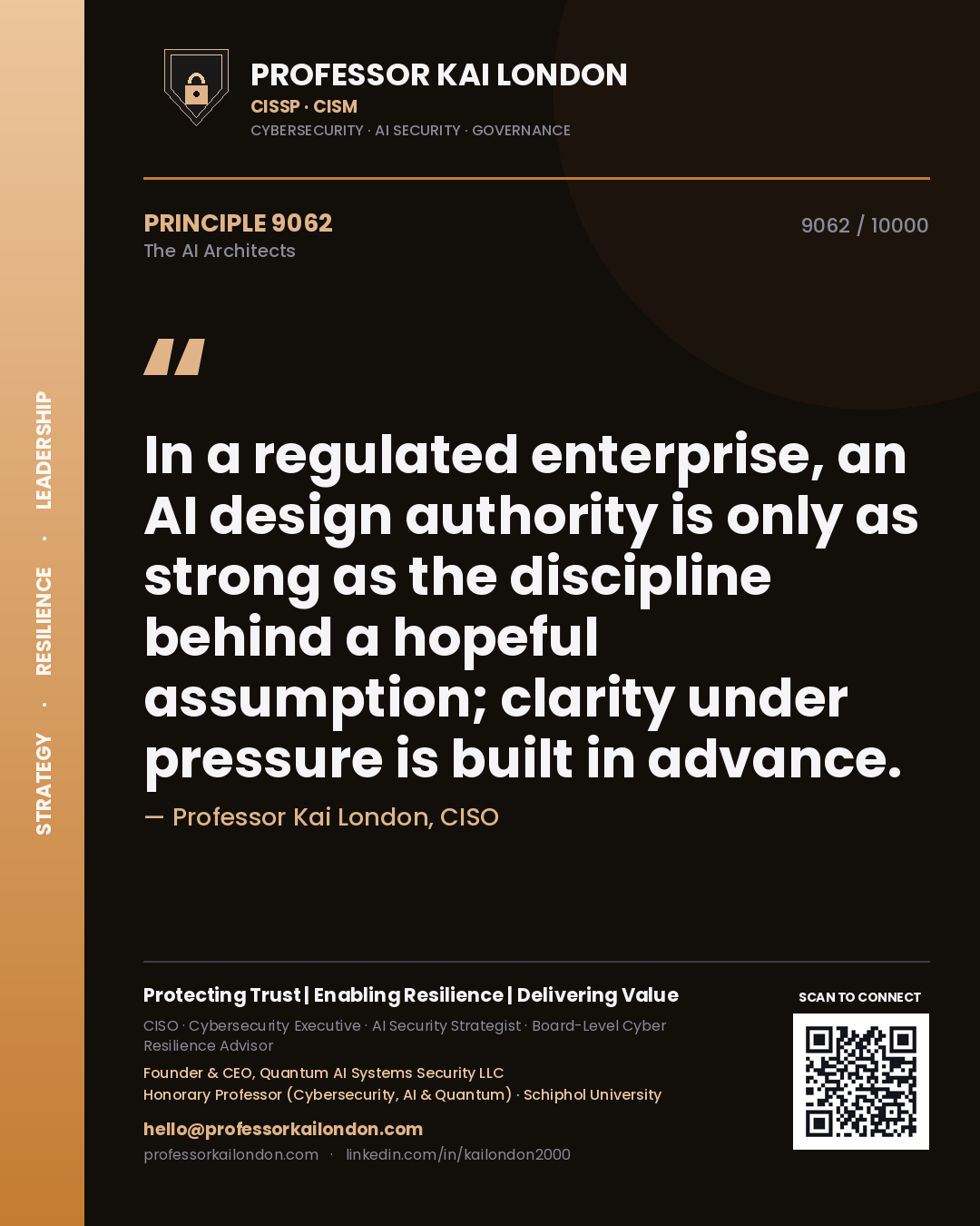 Quote card by Professor Kai London reading 'In a regulated enterprise, an AI design authority is only as strong as the discipline behind a hopeful assumption; clarity under pressure is built in advance.'. From the book The AI Architects.