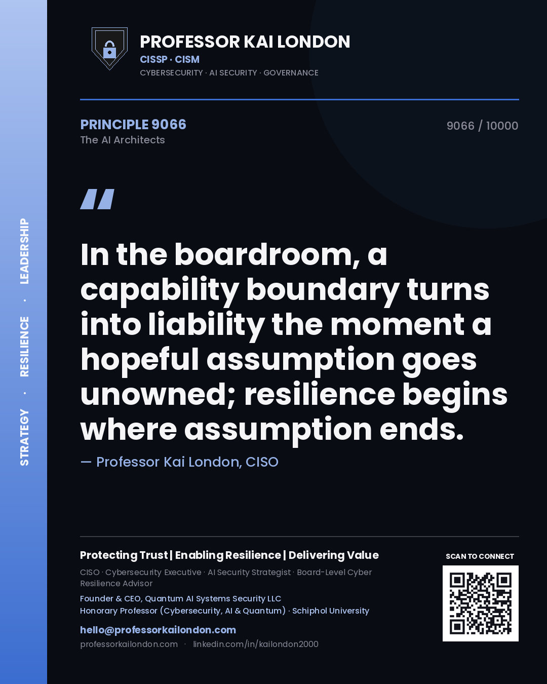 Professor Kai London principle 9066: In the boardroom, a capability boundary turns into liability the moment a hopeful assumption goes unowned; resilience begins where assumption ends.