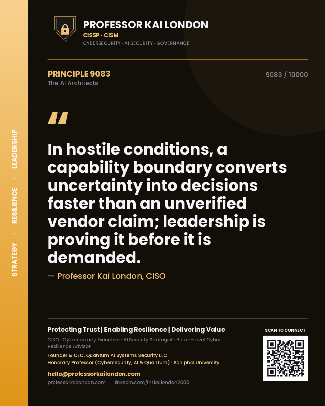 Professor Kai London principle 9083: In hostile conditions, a capability boundary converts uncertainty into decisions faster than an unverified vendor claim; leadership is proving it before it is demanded.