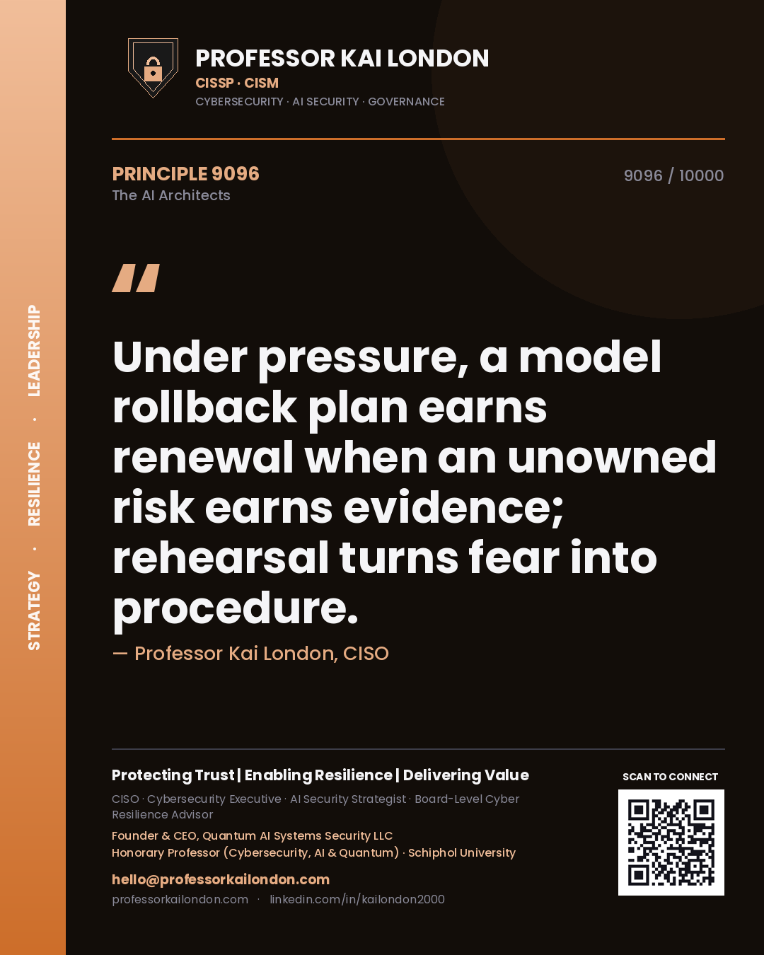 Quote card by Professor Kai London reading 'Under pressure, a model rollback plan earns renewal when an unowned risk earns evidence; rehearsal turns fear into procedure.'. From the book The AI Architects.