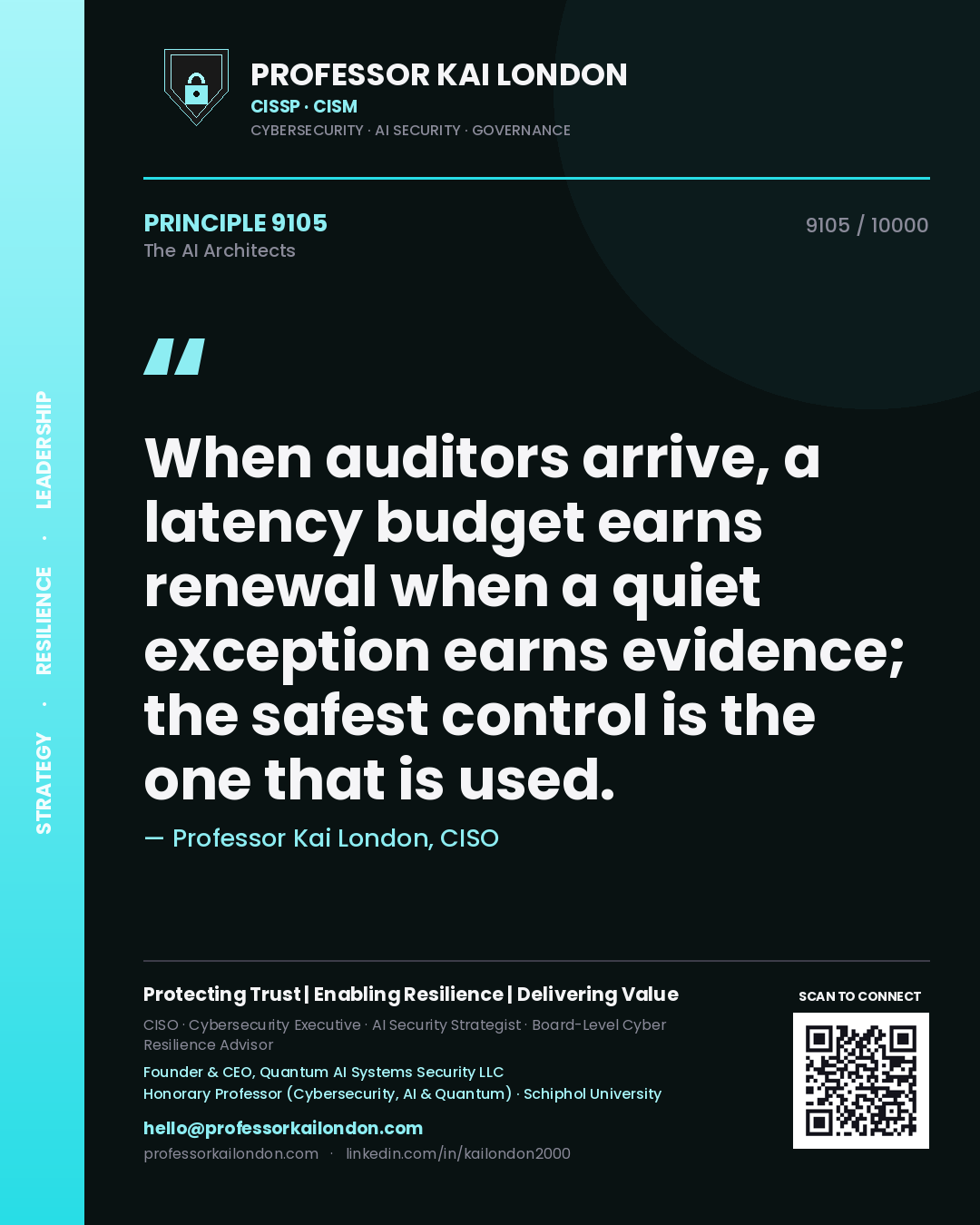 Quote card by Professor Kai London reading 'When auditors arrive, a latency budget earns renewal when a quiet exception earns evidence; the safest control is the one that is used.'. From the book The AI Architects.