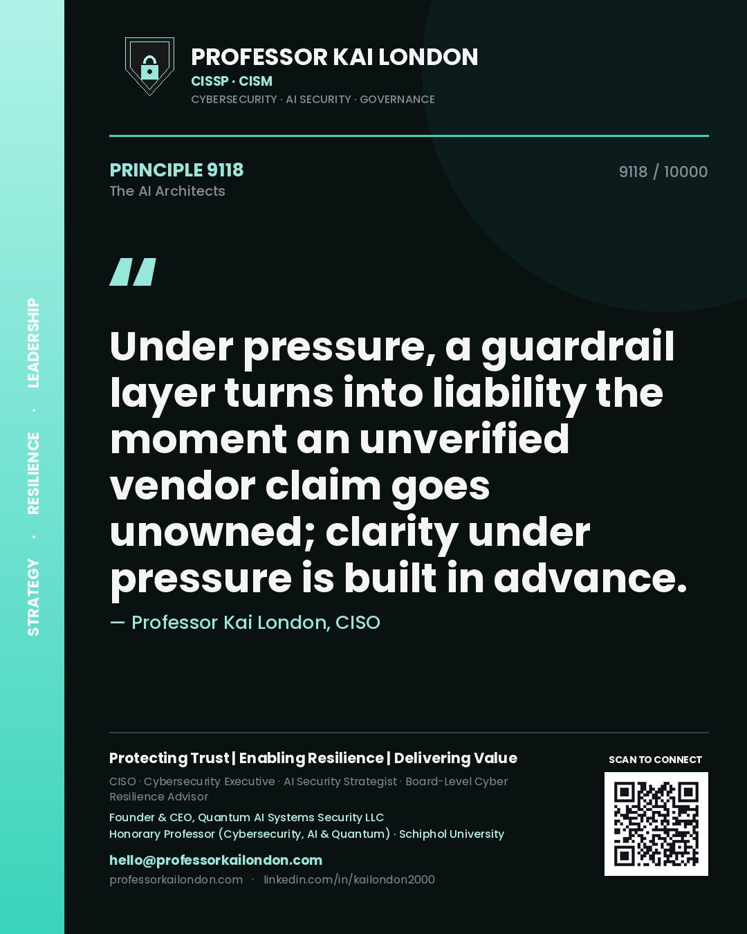 Quote card by Professor Kai London reading 'Under pressure, a guardrail layer turns into liability the moment an unverified vendor claim goes unowned; clarity under pressure is built in advance.'. From the book The AI Architects.