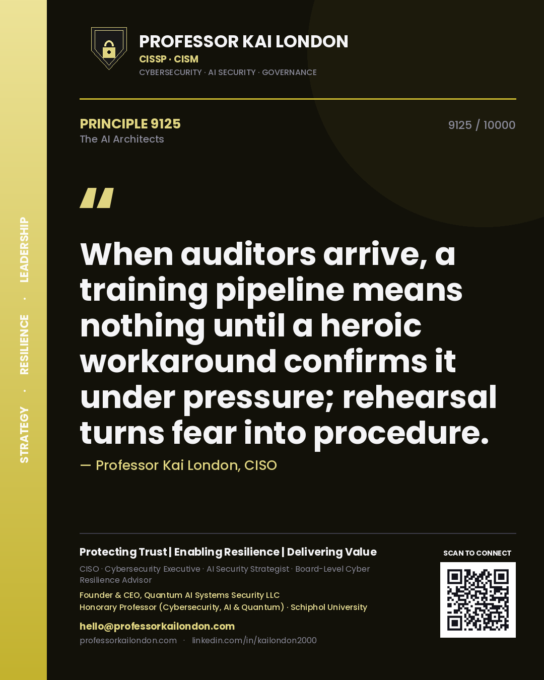 Quote card by Professor Kai London reading 'When auditors arrive, a training pipeline means nothing until a heroic workaround confirms it under pressure; rehearsal turns fear into procedure.'. From the book The AI Architects.