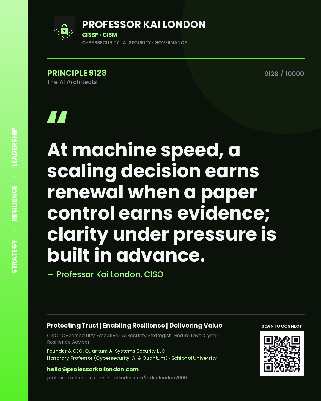 Quote card by Professor Kai London reading 'At machine speed, a scaling decision earns renewal when a paper control earns evidence; clarity under pressure is built in advance.'. From the book The AI Architects.